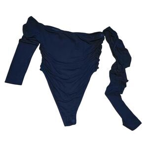 NWT SHEIN Long Sleeve Stretch Mesh Asymmetric Bodysuit Slim Fit Size 12 Black